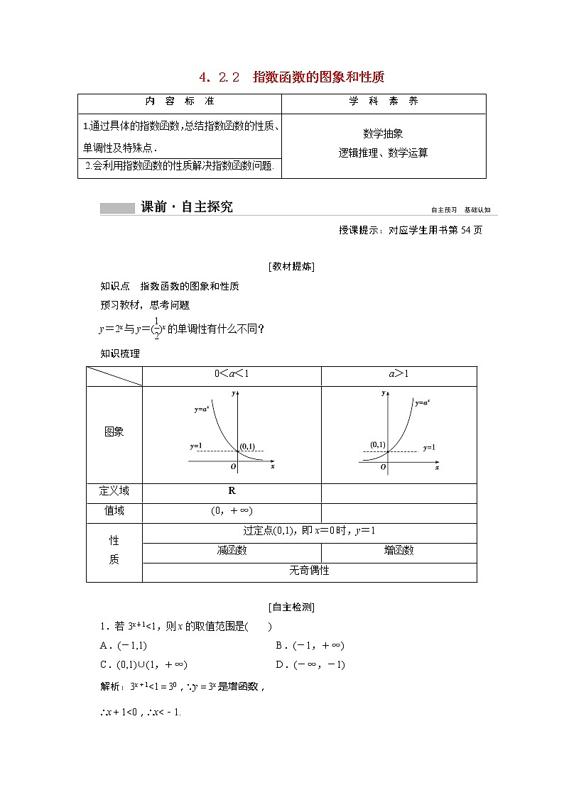 2022届高中数学新人教A版必修第一册 4.2.2指数函数的图象和性质 学案01
