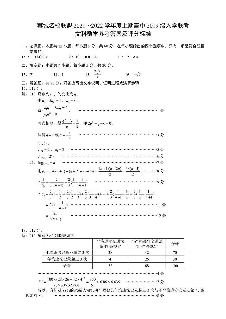 蓉城名校聯(lián)盟2021～2022學(xué)年度上期高中2019級(jí)入學(xué)聯(lián)考文科數(shù)學(xué)參考答案及評(píng)分標(biāo)準(zhǔn)第1頁