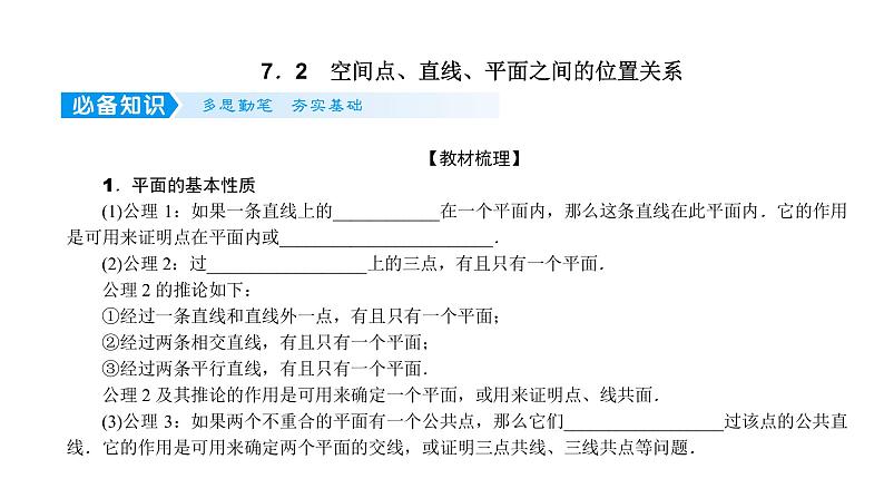 2022届新高考一轮复习人教B版 7.2 空间点、直线、平面之间的位置关系 课件(30张)第1页