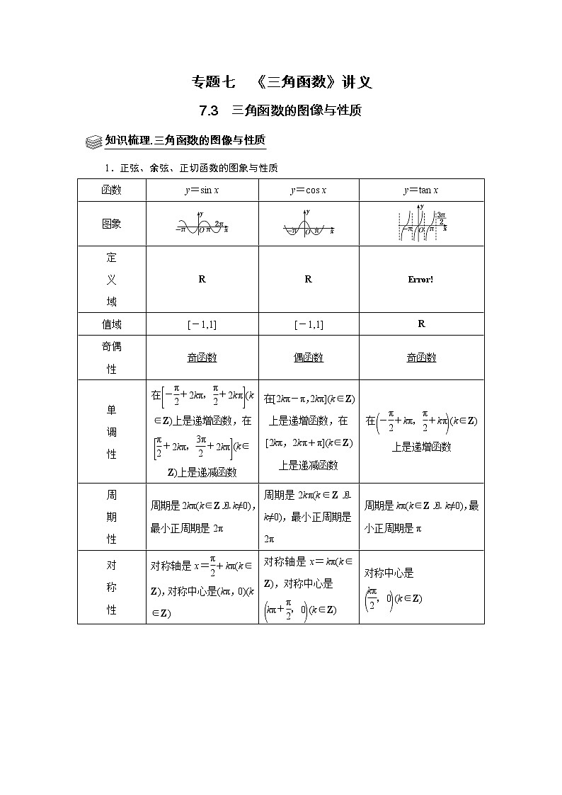 专题07 三角函数 7.3三角函数图像与性质 题型归纳讲义-2022届高三数学一轮复习(解析版)第1页