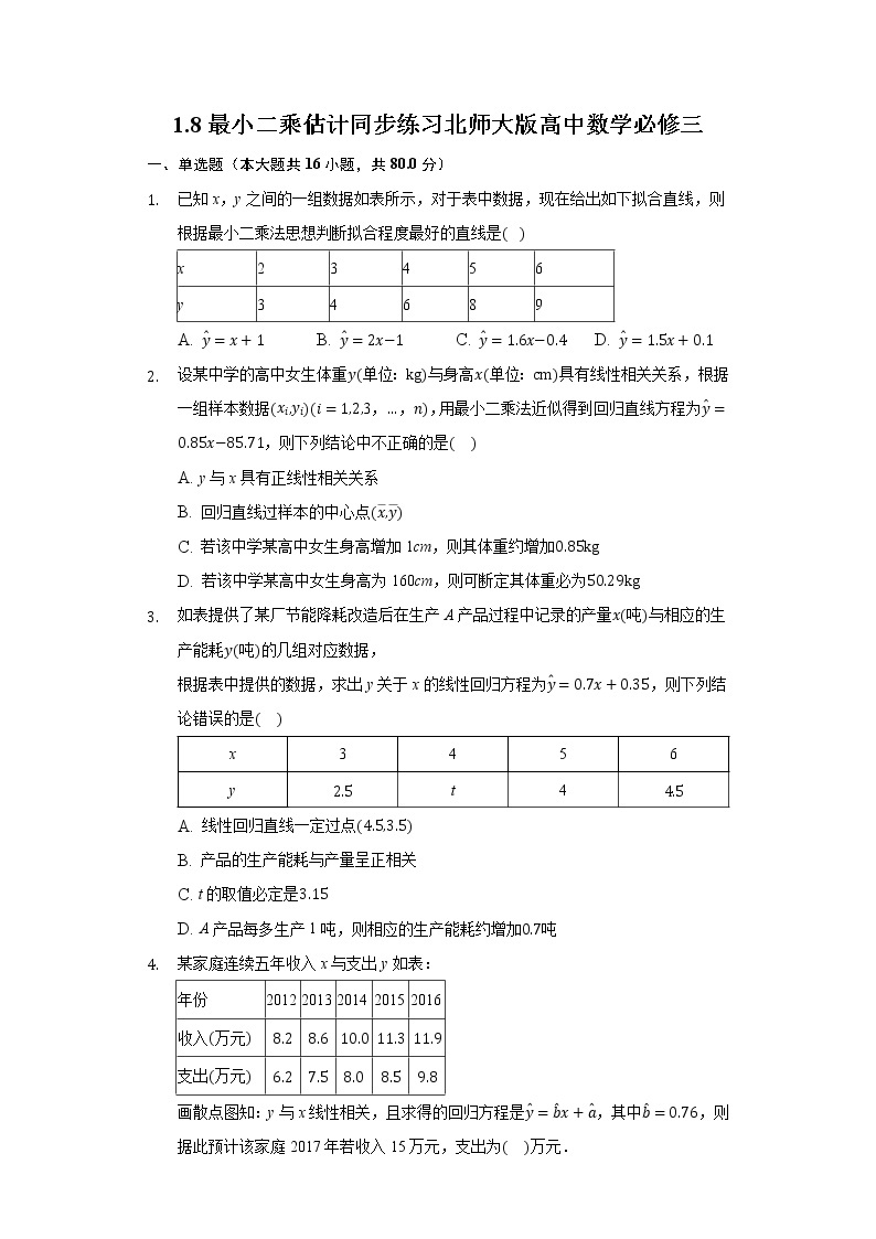 1.8最小二乘估计 同步练习 北师大版高中数学必修三01