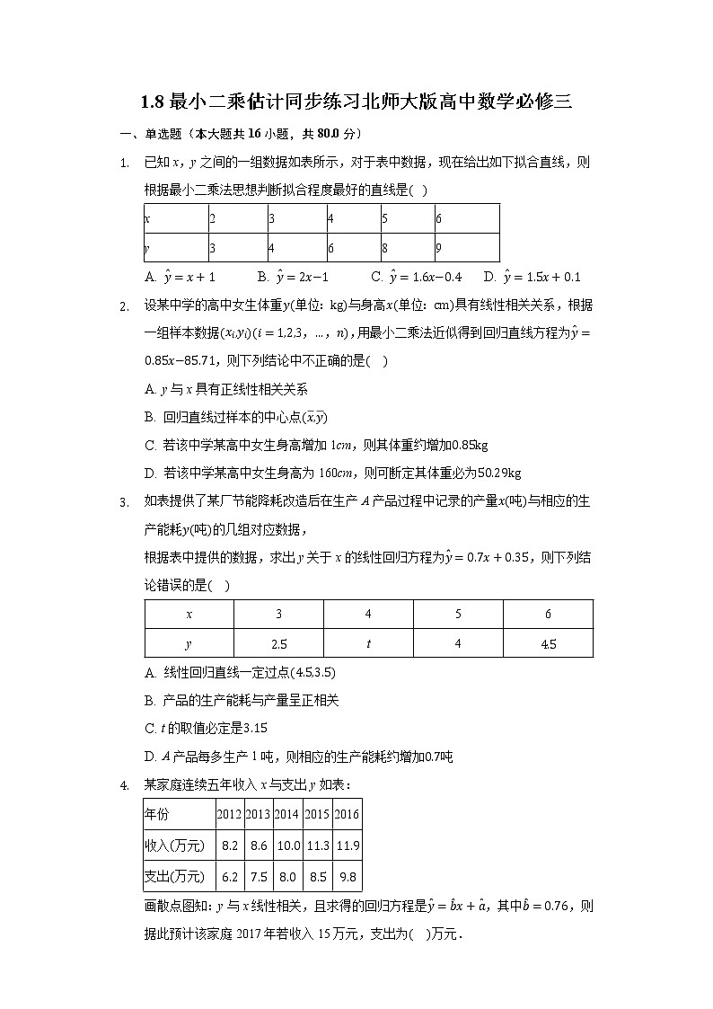 1.8最小二乘估计 同步练习 北师大版高中数学必修三01