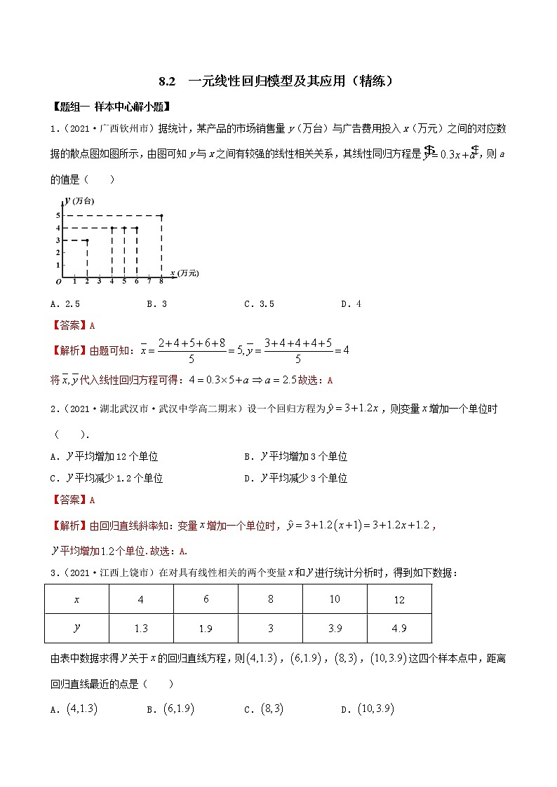 2021年人教版高中数学选择性必修第三册8.2《一元线性回归模型及其应用》同步精练(解析版)01