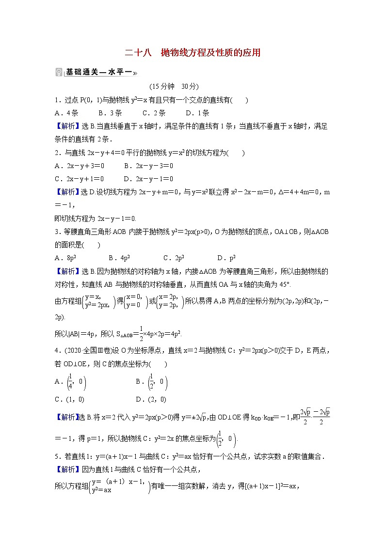 高中数学课时素养评价二十八第三章圆锥曲线的方程3.3.2第2课时抛物线方程及性质的应用含解析新人教A版选择性必修第一册练习题01