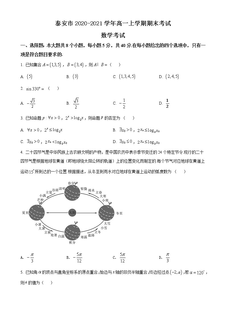 2020-2021学年山东省泰安市高一上学期期末考试数学试题 解析版第1页