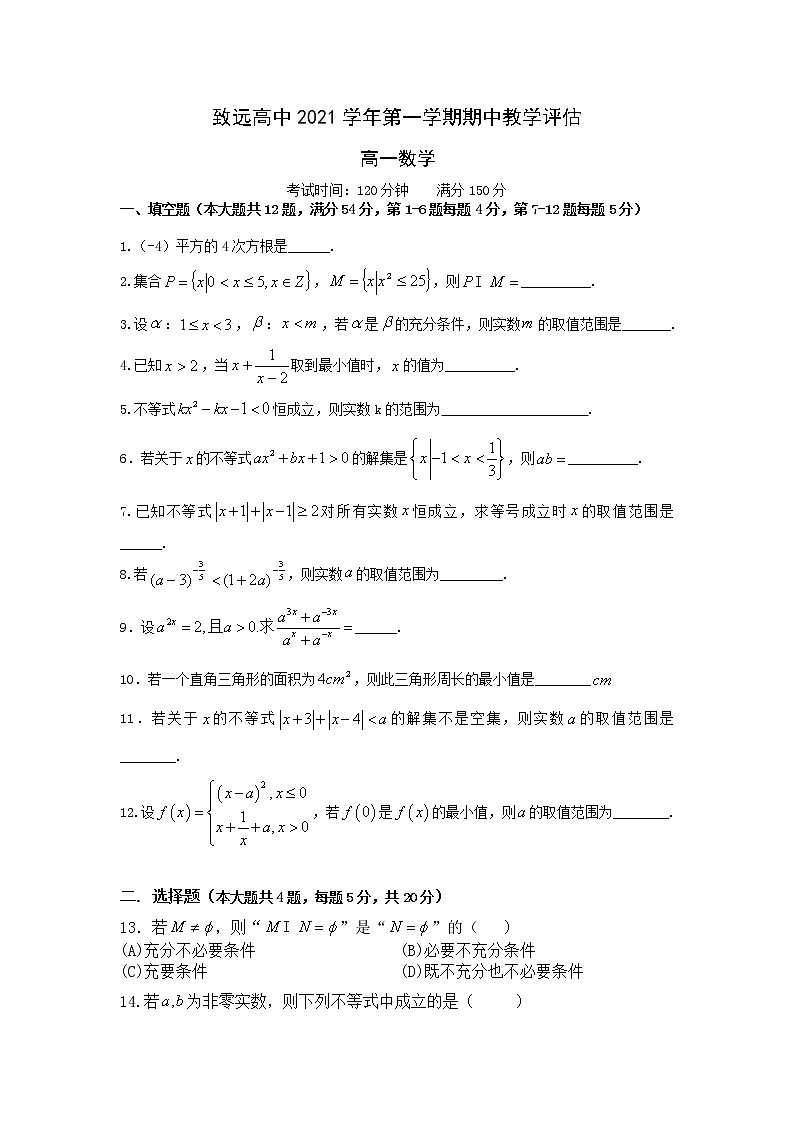 上海市奉贤区致远高级中学2021-2022学年高一上学期期中教学评估数学【试卷+答案】01
