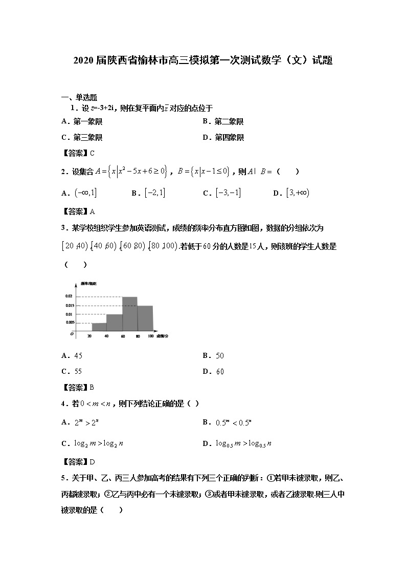 陕西省榆林市2020届高三第一次模拟测试数学（文）试卷01
