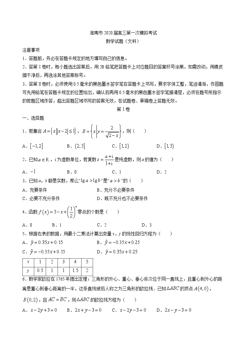 安徽省淮南市2020届高三第一次模拟考试数学文科试题01