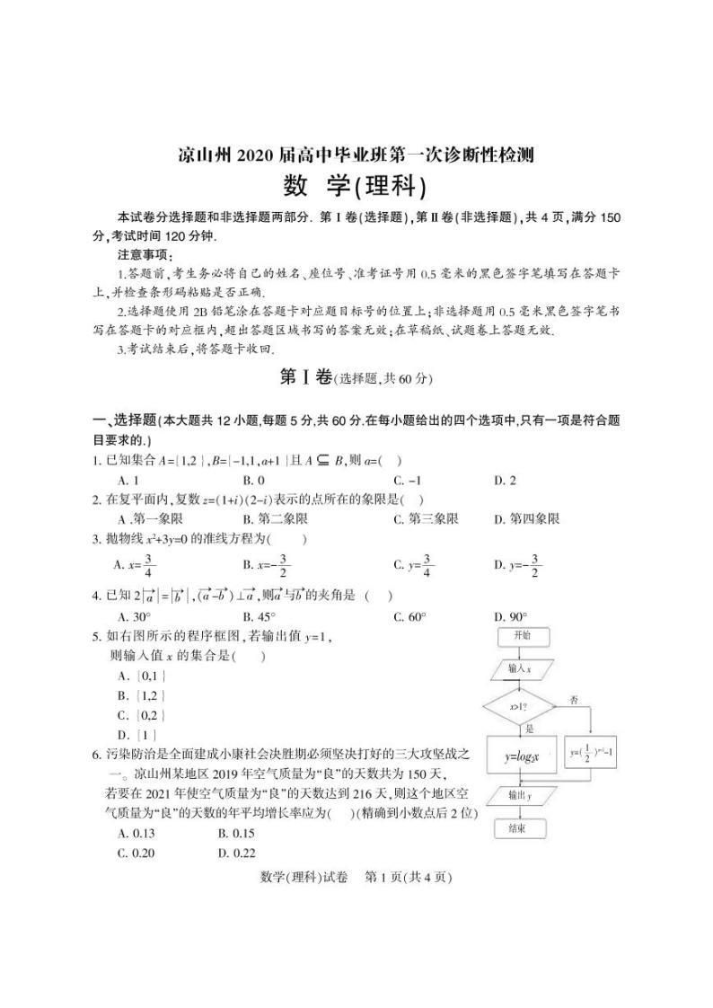 2020届四川省凉山州高三第一次诊断数学（理）试题（pdf版）01