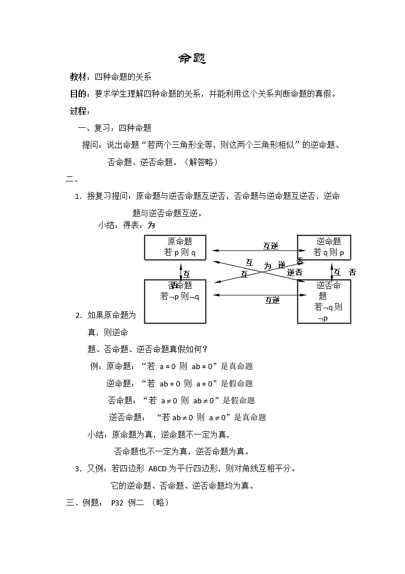 高一上册数学教案:1.2.4《四种命题的关系》(沪教版)第1页