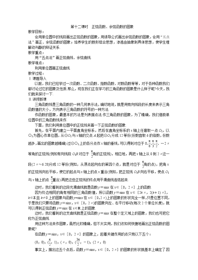 2013高中新课程数学（苏教版必修四） 第十二课时  正弦函数、余弦函数的图象教案练习题01