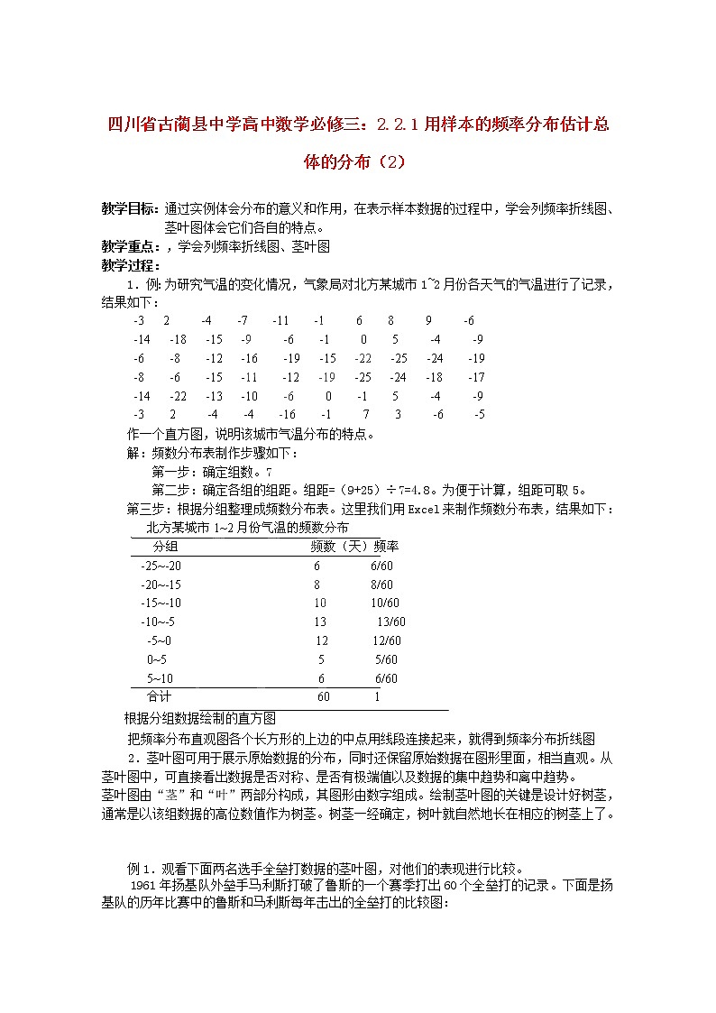 四川省古藺縣中學(xué)高中數(shù)學(xué) 2.2.1《用樣本的頻率分布估計(jì)總體的分布》（2）教學(xué)案 新人教B版必修3教案第1頁(yè)