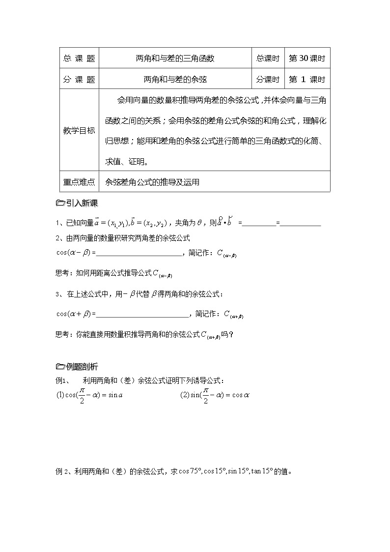 2013高中新课程数学（苏教版必修四）第30课时（两角和与差的余弦） 导学案01