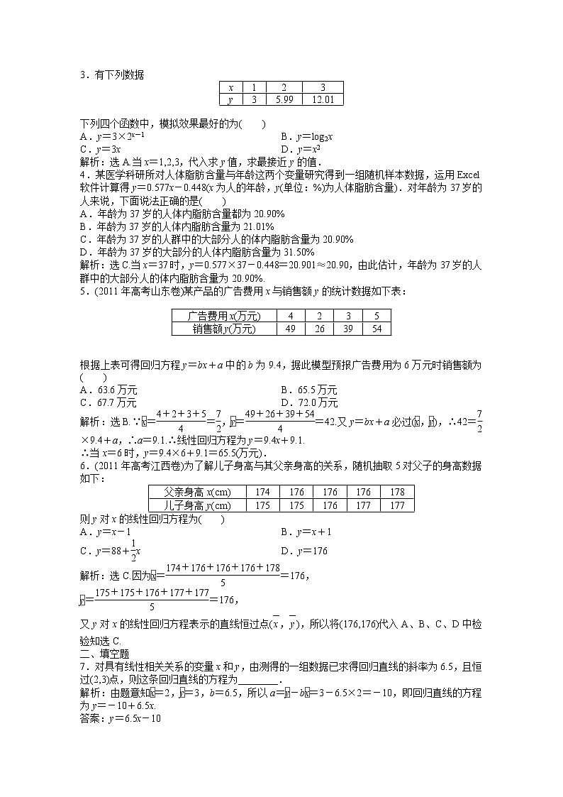 2012数学第8章 8.5《一元线性回归案例》知能优化训练(湘教版选修2-3)教案第2页