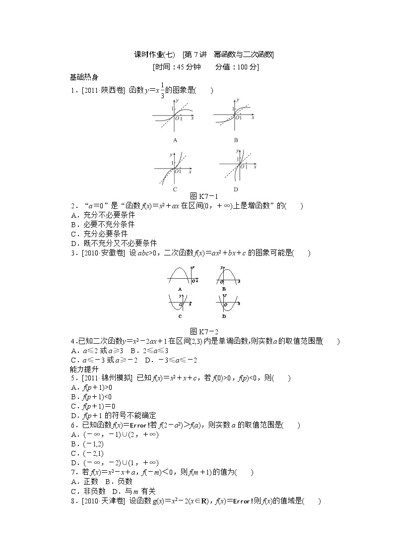 2013届高三数学（文科）一轮复习热身训练（7）《幂函数与二次函数》人教B版必修1教案01