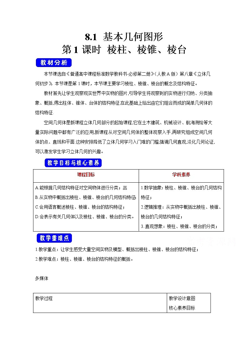 2021年高中数学新人教A版必修第二册 8.1基本立体图形 教案(1)第1页