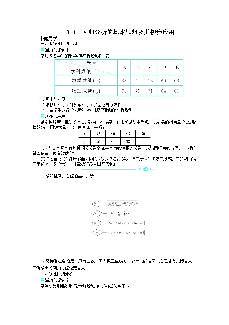 2013-2014学年高二数学(人教A版选修1-2)学案 1.1《回归分析的基本思想及其初步应用》第1页