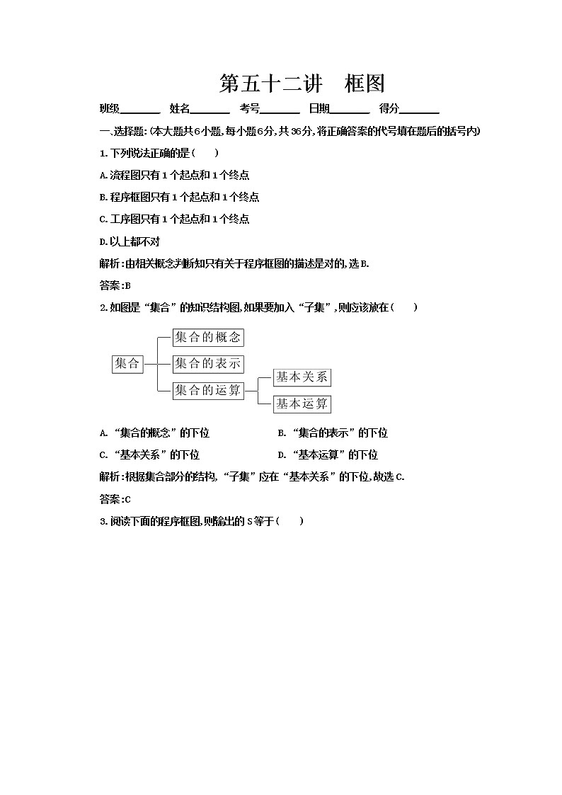 2012高考数学总复习同步:第五十二讲  框图(人教版) 试卷01