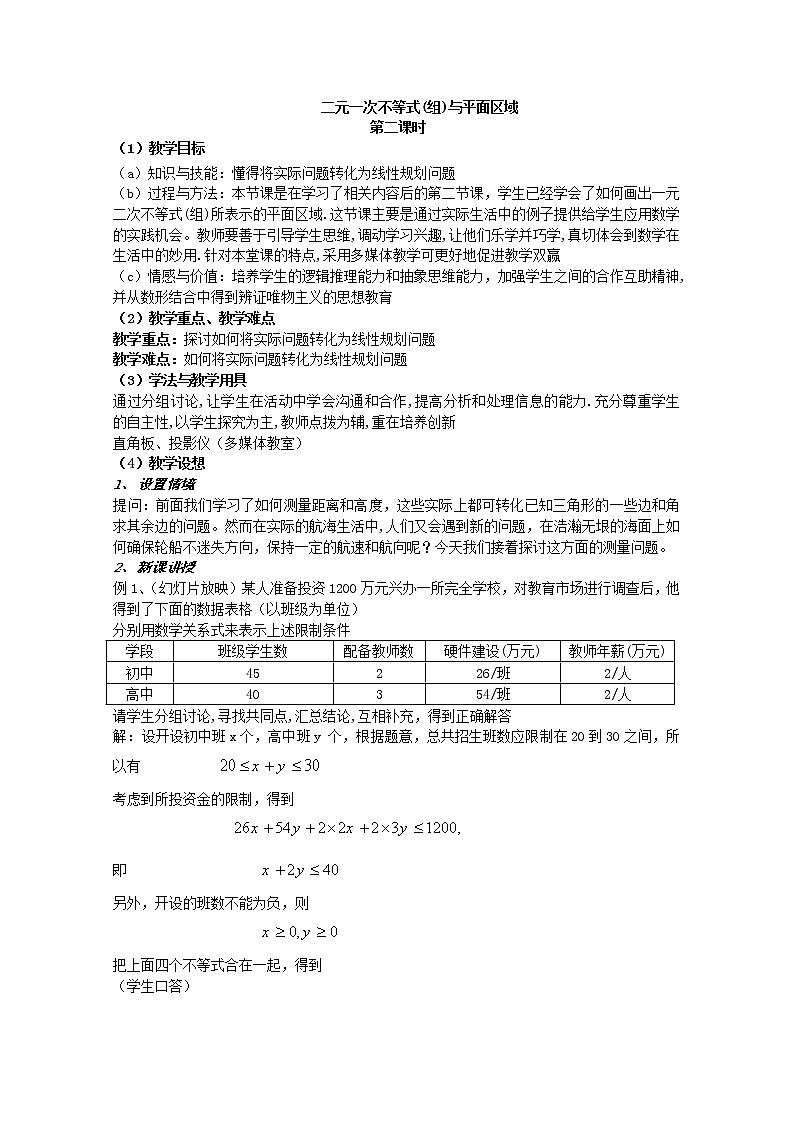 数学:3.3《二元一次不等式(组)与简单的线性规划问题》教案二(新人教A版必修五)01