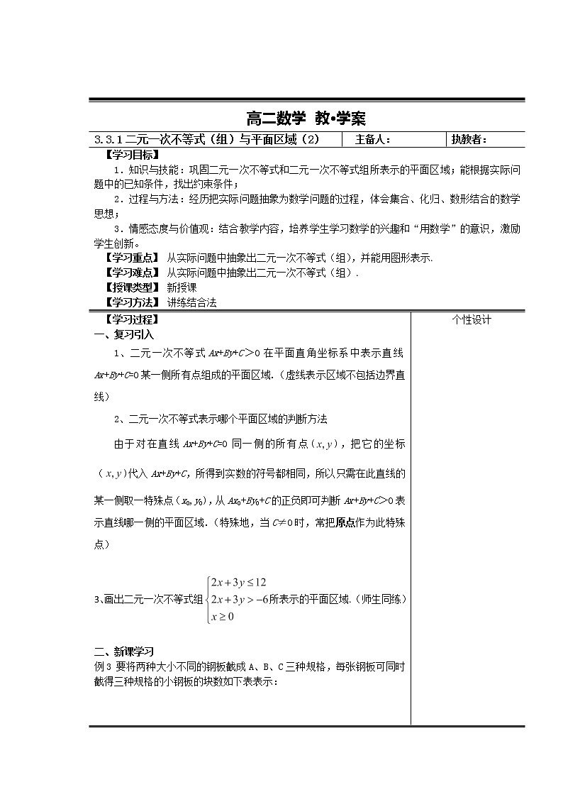 高二新课程数学《3.3.1二元一次不等式(组)与平面区域》教案2(新人教A版)必修五学案第1页