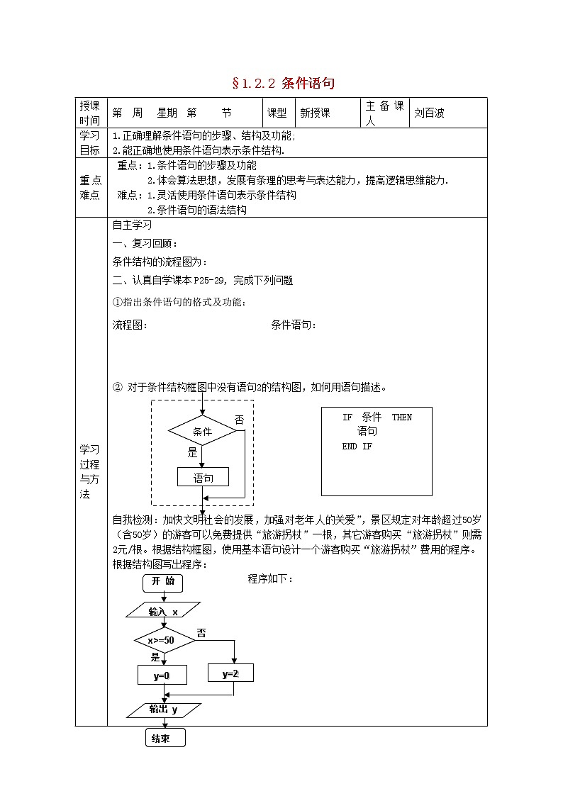 福建省平潭县高中数学 1.2.2 条件语句导学案 新人教A版必修301