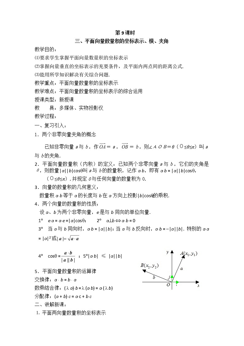 高一数学《2.4.2平面向量数量积的坐标表示、模、夹角》教案高中新课程数学(新课标人教A版)必修四01