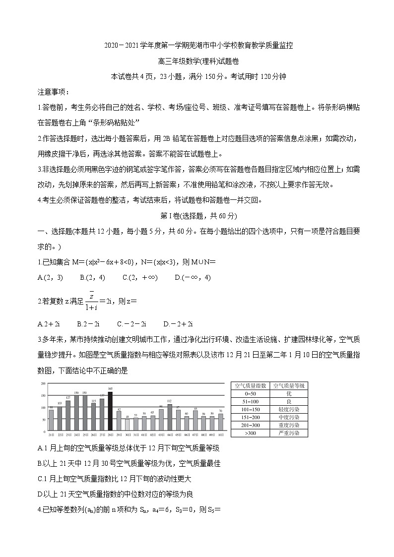 2021届安徽省芜湖市高三上学期期末考试 数学(理)练习题第1页