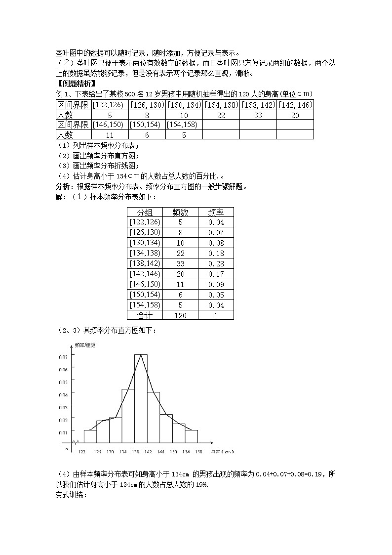 2013-2014学年高一数学 2.2.1《用样本的频率分布估计总体分布》导学案 新人教A版必修303