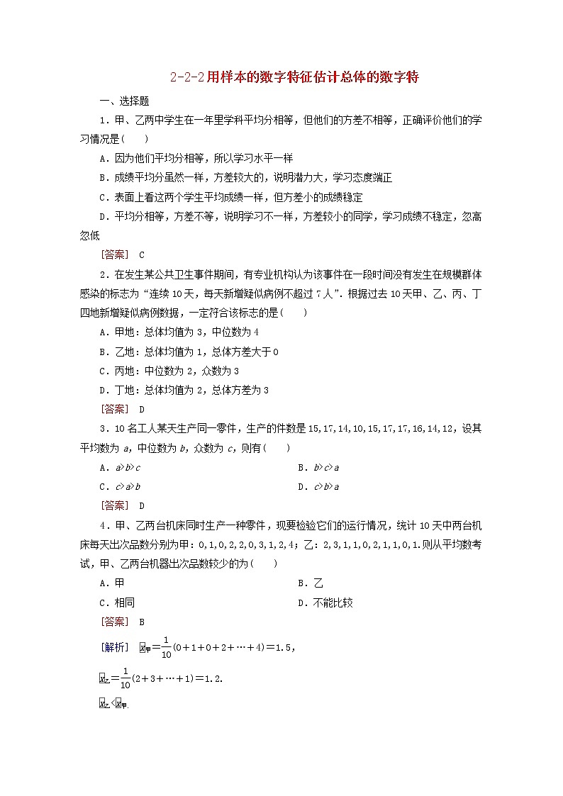 高中数学 2.2.2《用样本的数字特征估计总体的数字特》同步测试 新人教A版必修301