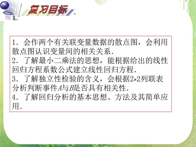 2012届高考数学(理科)一轮复习课件(人教版)第12单元第72讲 变量的相关性、回归分析、独特性检验02