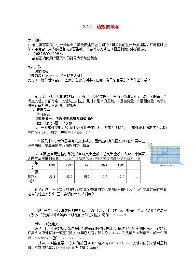 河南省焦作市沁阳一中高中数学 2.2.1《函数的概念》导学案 新人教A版必修101