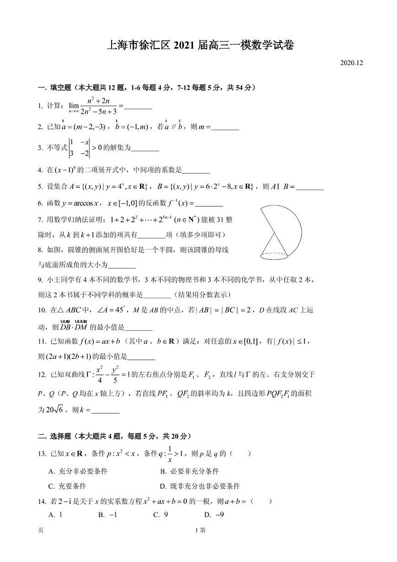 2021届上海市徐汇区高三上学期学习能力诊断(一模)(12月)数学试卷 PDF版01