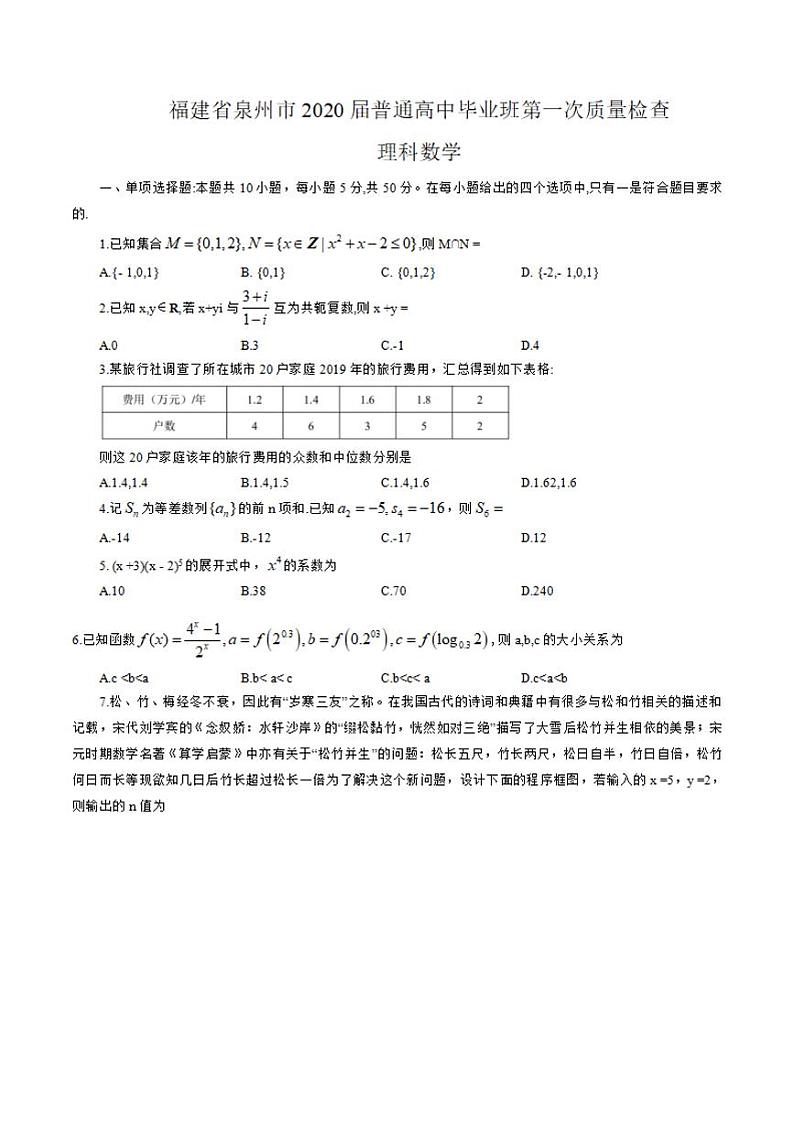 福建省泉州市2020届普通高中毕业班第一次质量检查理科数学试题含答案第1页