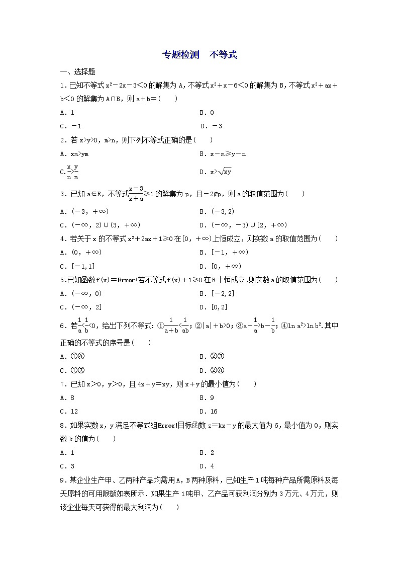 2022年高考二轮复习数学(文)专题检测02《不等式》(学生版)第1页