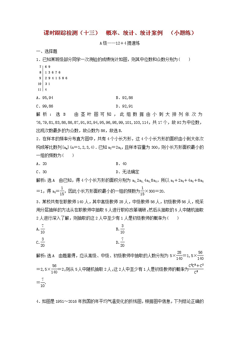 高考数学(理数)二轮复习课时跟踪检测13《概率统计统计案例》小题练(教师版)第1页