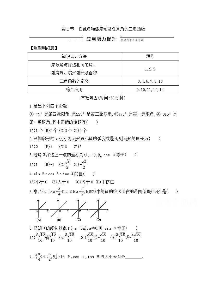 高考数学(理数)一轮复习练习题:3.1《任意角和弧度制及任意角的三角函数》(学生版)第1页