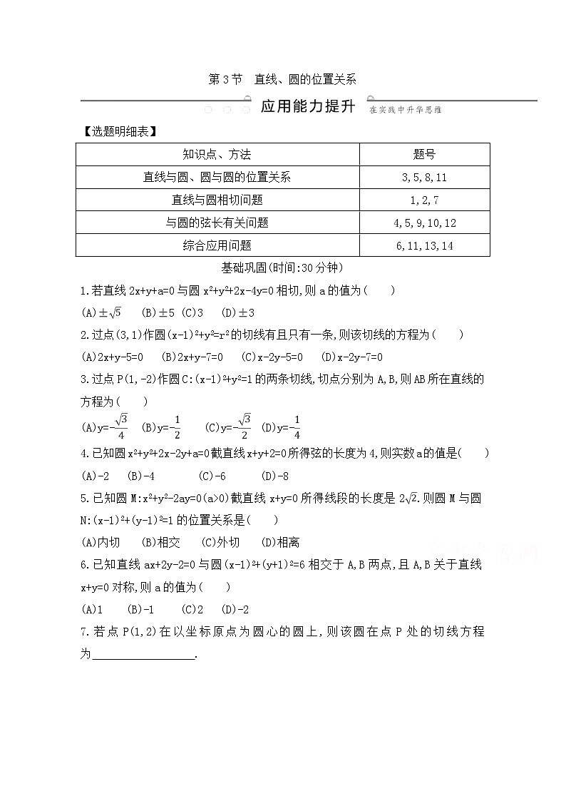 高考数学(文数)一轮复习练习题:8.3《直线、圆的位置关系》(学生版)第1页