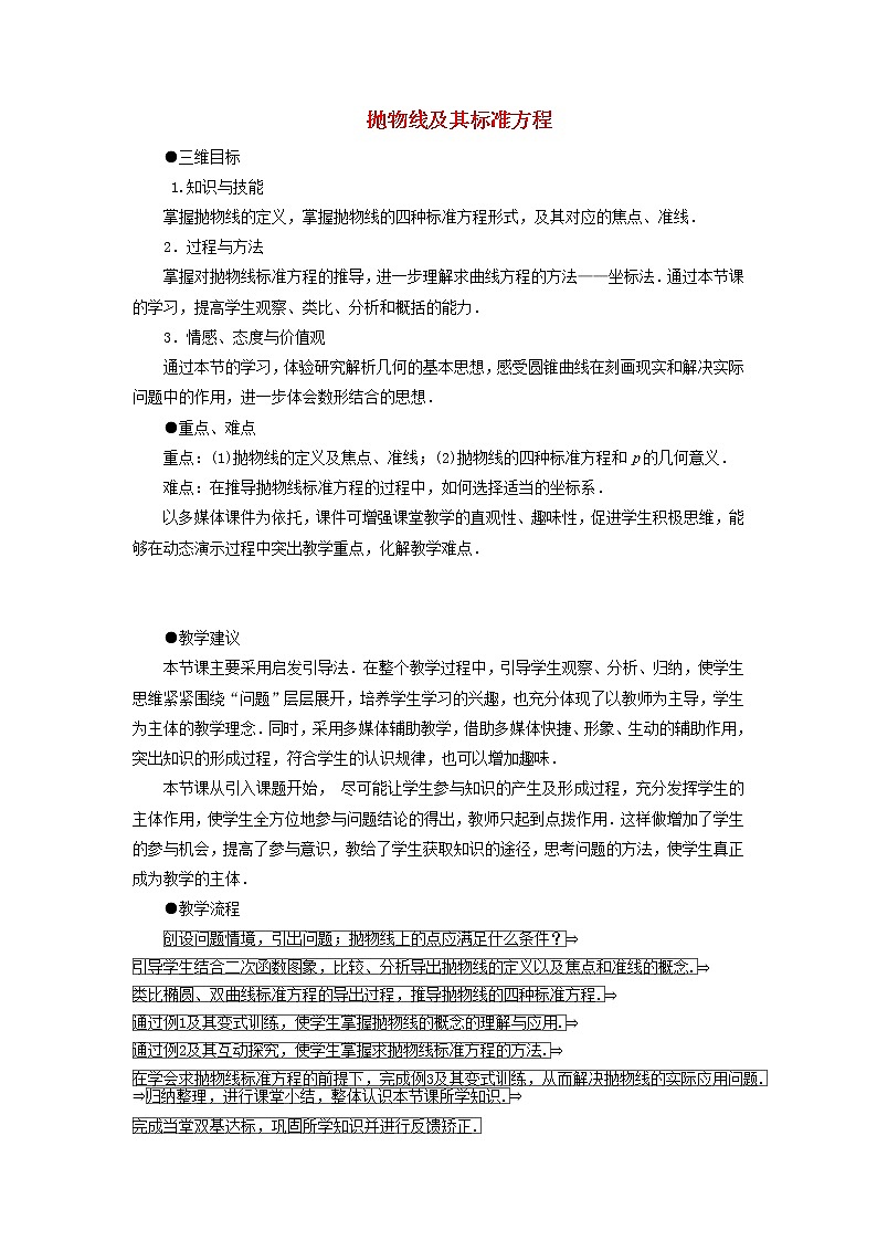 2021_2022高中数学第二章圆锥曲线与方程4抛物线1抛物线及其标准方程1教案新人教A版选修2_101