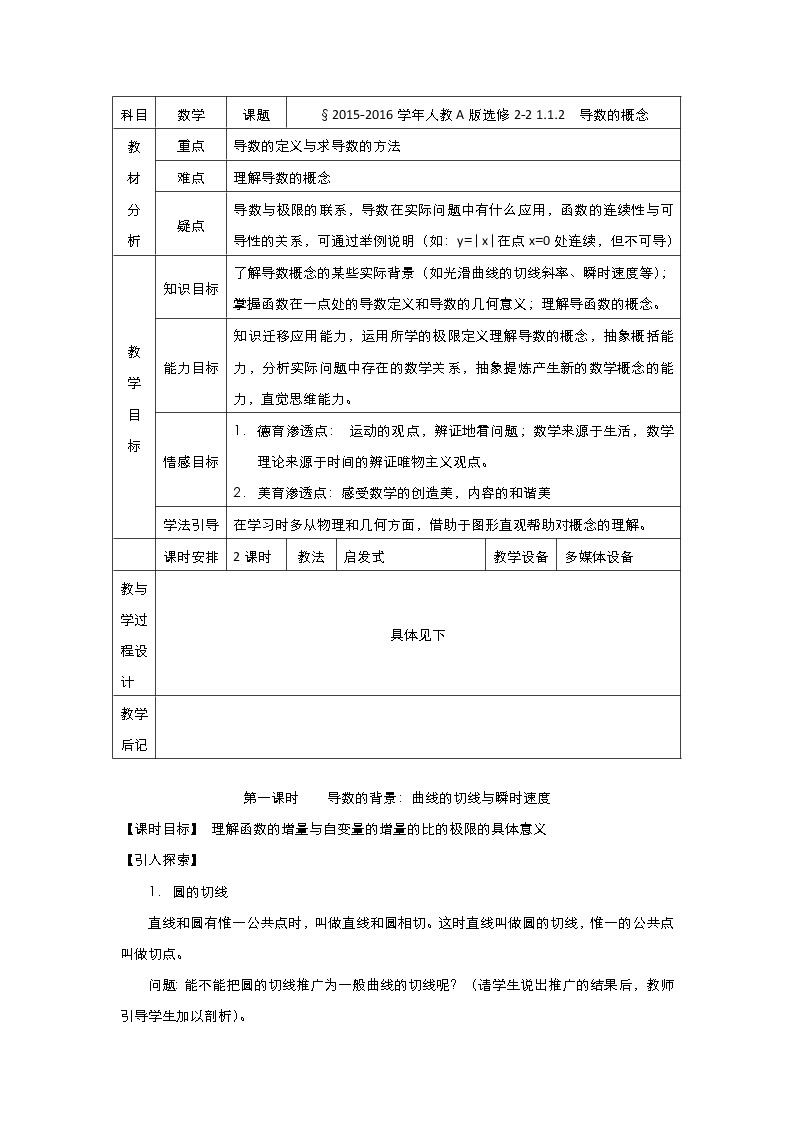 2021-2022高中数学人教版选修2-2教案：1.1.2导数的概念+（三）+Word版含答案01