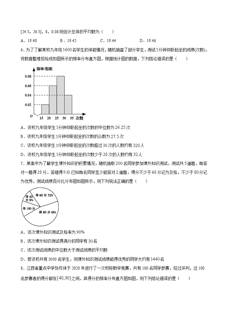 作业02 用样本估计总体-2021年高一数学暑假作业(人教A版) 试卷练习02