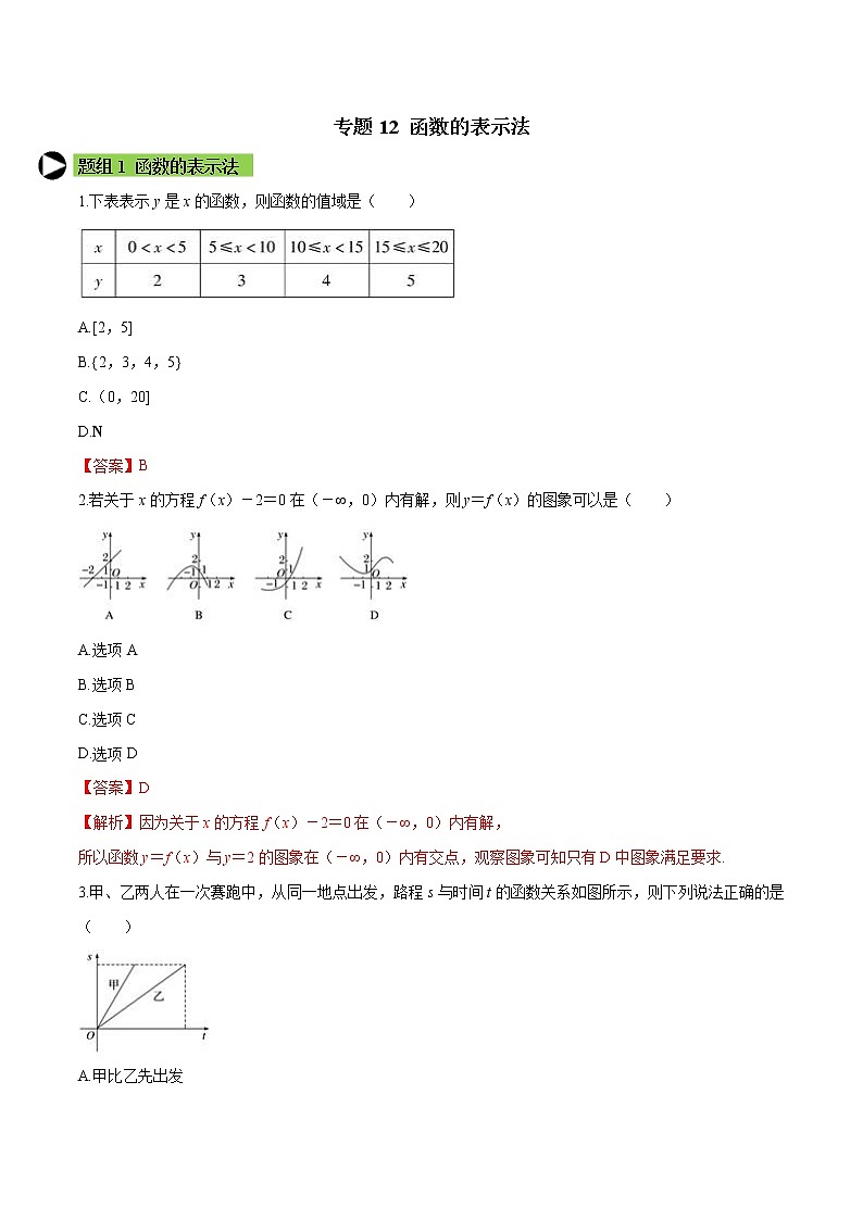 专题12 函数的表示法-2021-2022学年高一数学培优对点题组专题突破(人教A版2019必修第一册)01