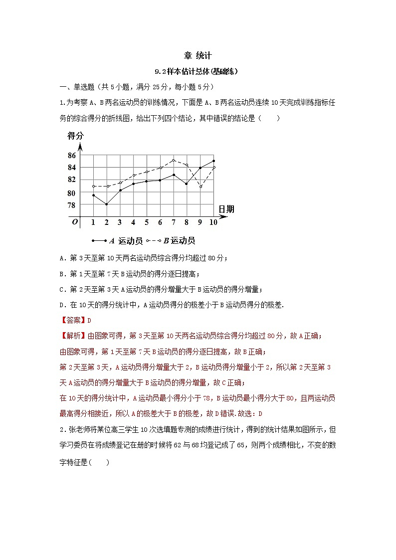 9.2样本估计总体(基础练)-2020-2021学年下学期高一数学同步课堂(人教A版2019必修第二册)解析版第1页