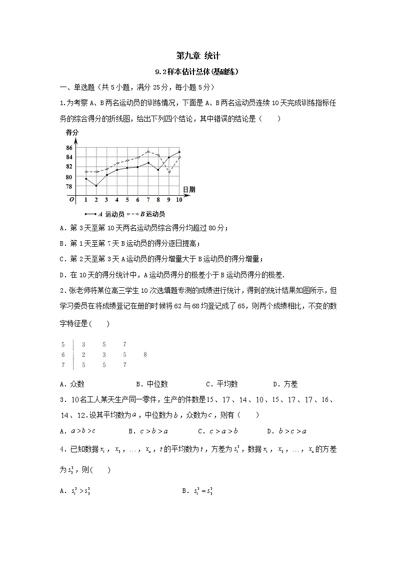 9.2样本估计总体(基础练)-2020-2021学年下学期高一数学同步课堂(人教A版2019必修第二册)原卷版第1页