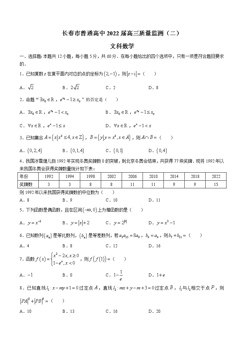 吉林省长春市普通高中2022届高三质量监测(二)文科数学试题第1页
