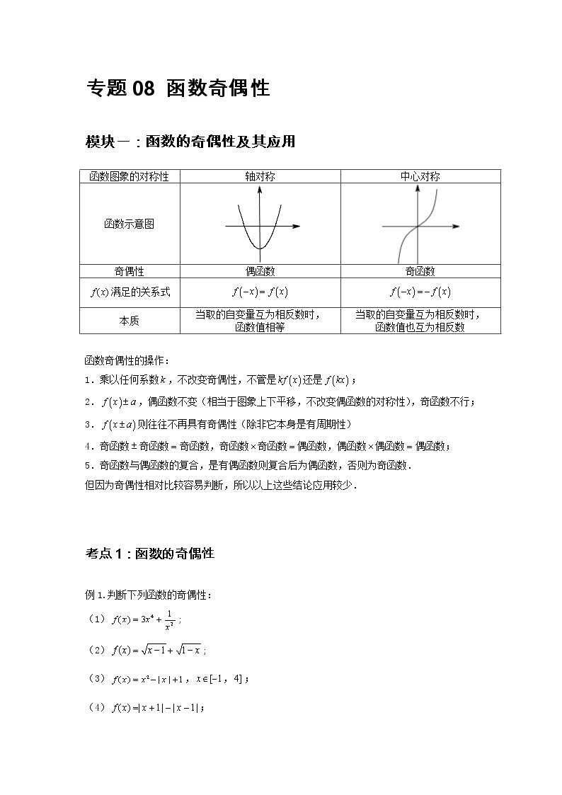 专题08 函数奇偶性-2021-2022学年高一数学上学期高频考点专题突破（人教A版2019必修第一册）学案02