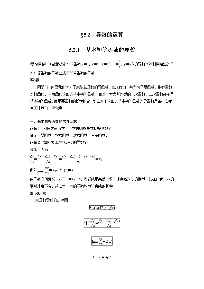 高中数学苏教版(2019 )选择性必修第一册  5.2.1 基本初等函数的导数(学案+课时练 word版含解析)01