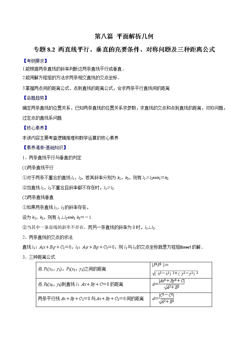 专题8.2 两直线平行、垂直的充要条件、对称问题及三种距离公式(原卷版)第1页