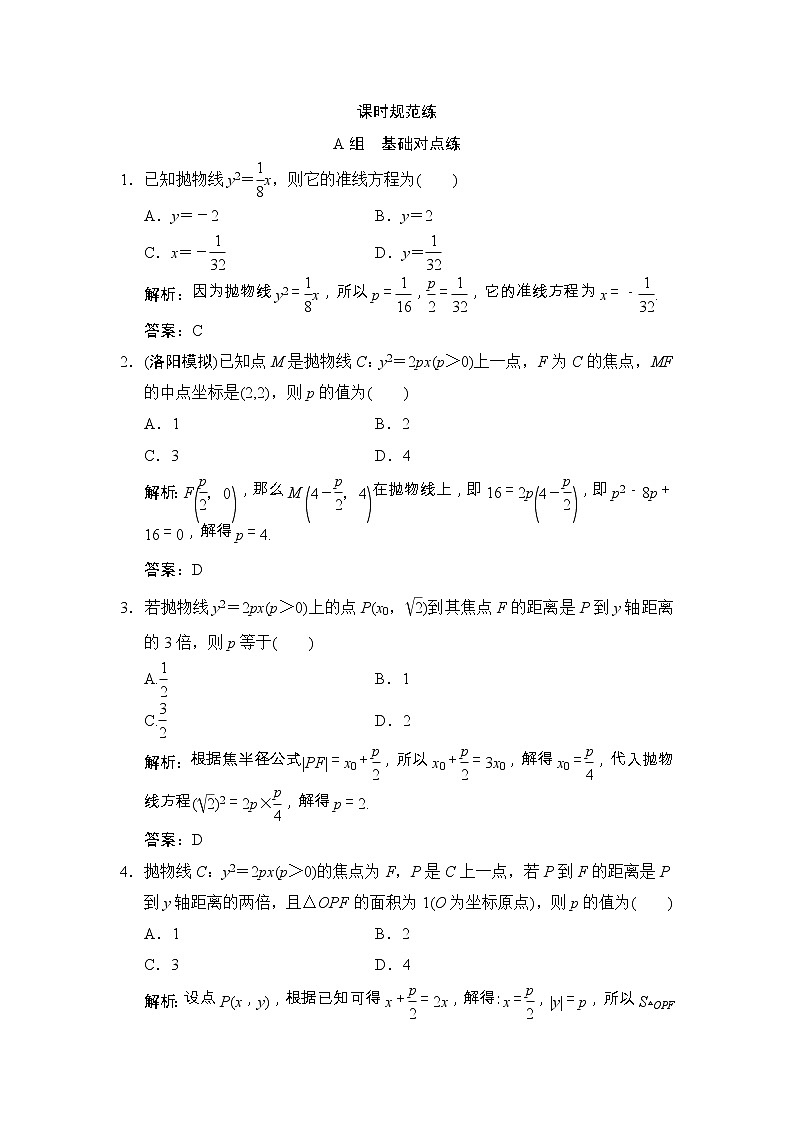 高考数学(文数)一轮复习创新思维课时练8.7《抛物线》(教师版)01