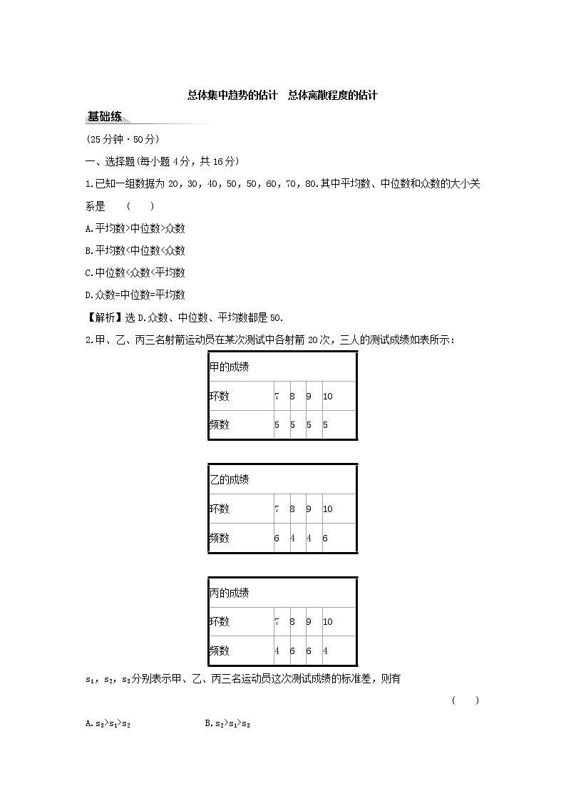 9.2.3总体集中趋势的估计总体离散程度的估计(同步测试)——高一数学人教A版(2019)必修201