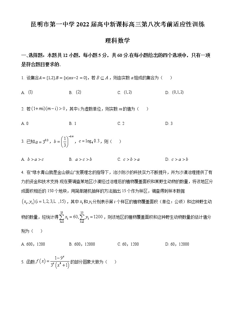 云南省昆明市第一中學(xué)2022屆高三第八次考前適應(yīng)性訓(xùn)練數(shù)學(xué)（理）試題（原卷版）第1頁